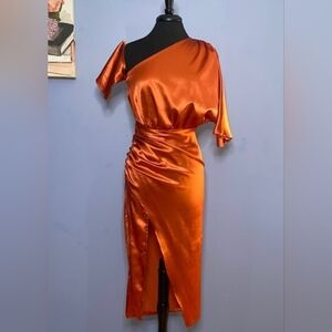 Elegant Orange Satin One-Shoulder Dress